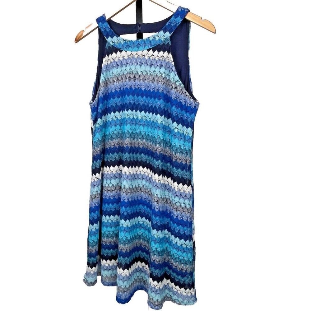 Roxberi Zig Zag Crochet Mini Dress Large Blue Stripe Knit Sleeveless V-Back